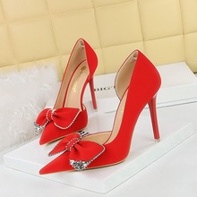 1298-H31 Korean Fashion High Heels Slim Heels, Super High Heels, Shallow Notched Tip, Side Hollow Rhinestone Bow Tie Single Shoe