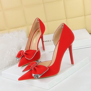 1298-H31 Korean Fashion High Heels Slim Heels, Super High Heels, Shallow Notched Tip, Side Hollow Rhinestone Bow Tie Sin