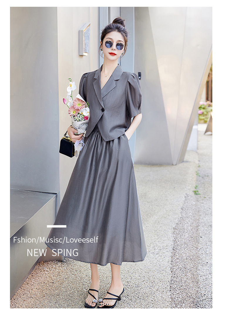 Bộ đồ Tencel nữ hai mảnh gồm áo và chân váy midi thắt eo — Màu đen, Màu xám, Màu kaki chi tiết 19