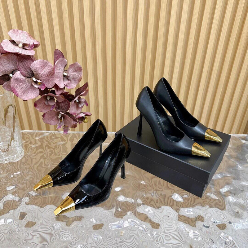 Black Patent Leather Metal Toe High Heels for Women 2024 Stiletto Pointed Toe Pumps Professional Work Shoes Ultra High Heels