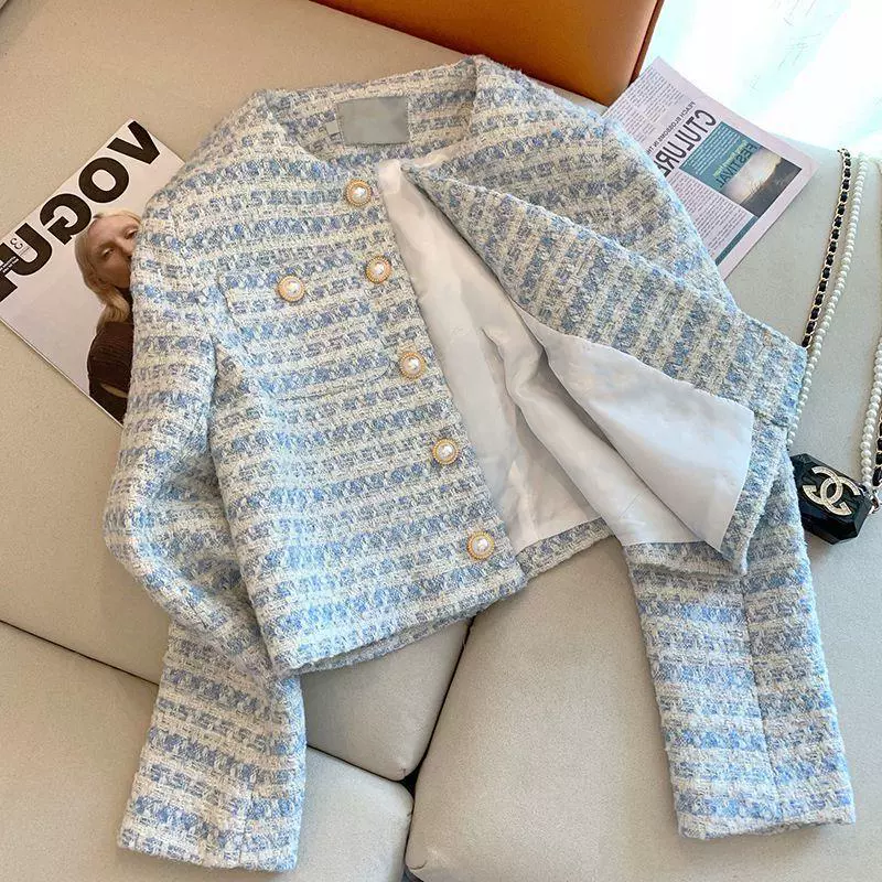 Голубая осенняя куртка из жемчуга, стиль Chanel, французский стиль