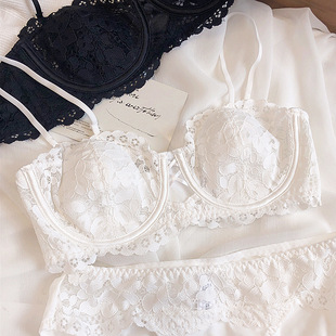 Lace French Push-Up Intimates Half-Cup Embroidered Jianyi Steel Ring Thin Cotton Bra Big Breasts Show Small Sexy Bra Set