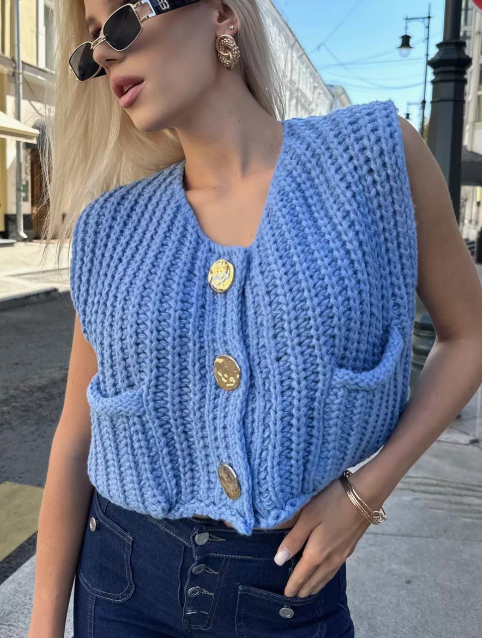 Sweater women's 2024 autumn and winter new product V-neck pocket thick needle sleeveless cardigan knitted vest women_voghion.com
