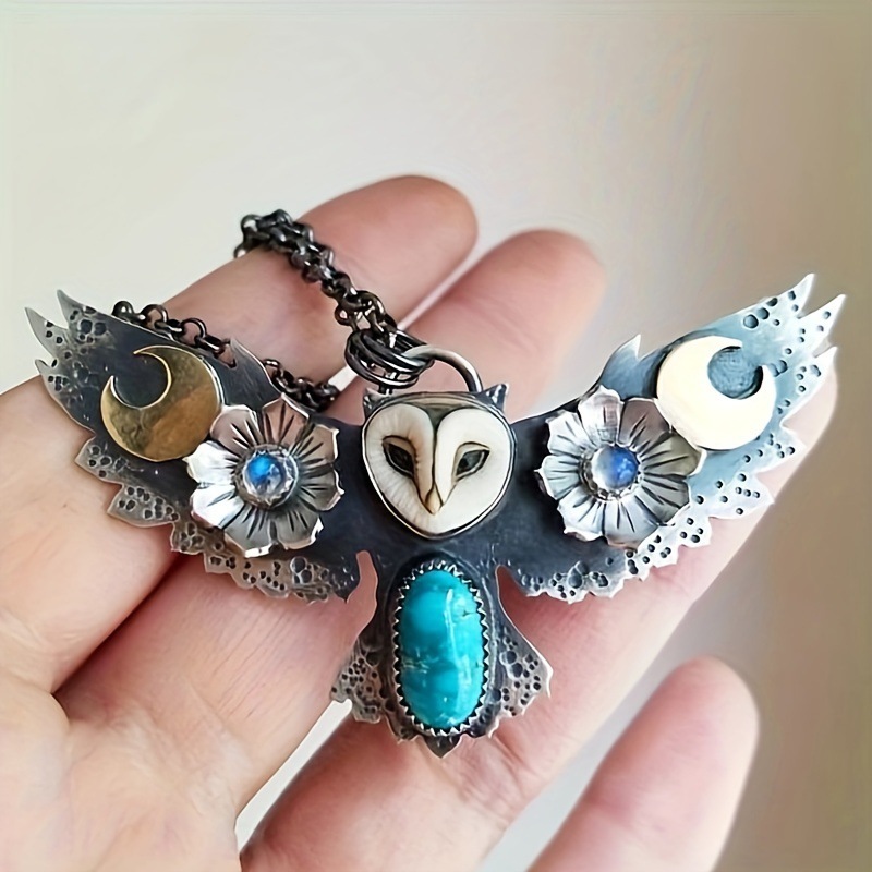 Zhuo Xuan Cross-Border European and American Retro Owl Flower Moon Turquoise Necklace Women's Niche Elegant Versatile Sweater Chain
