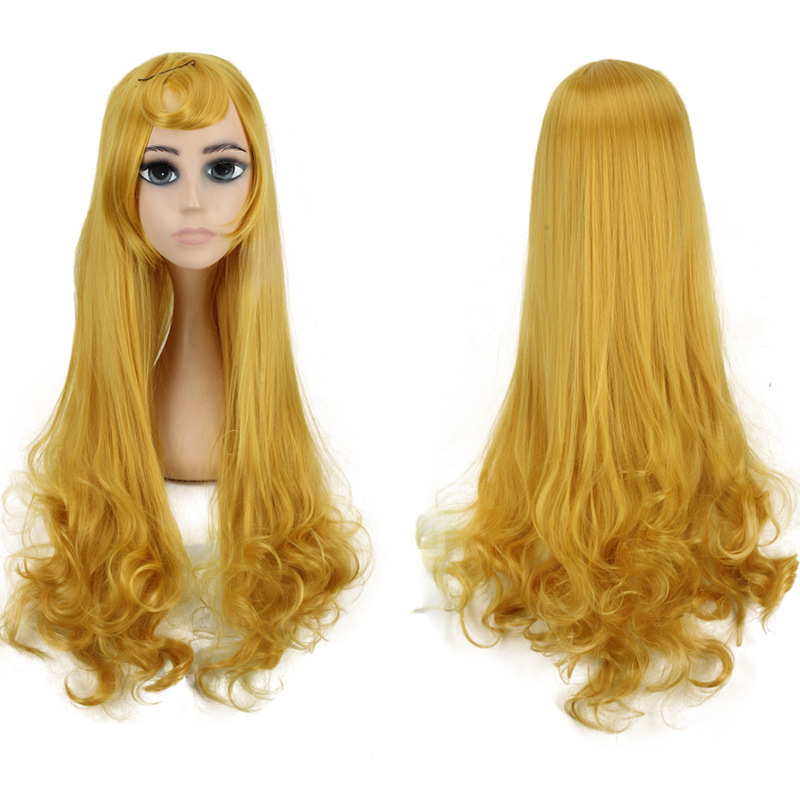 Princesa Alora cos dormir belleza amarillo largo pelo rizado Cosplay anime peluca en stock al por mayor