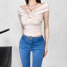 RY2464-25夏款 韩版修身款纯欲胸前绕花一字领糖果色短袖套头T恤