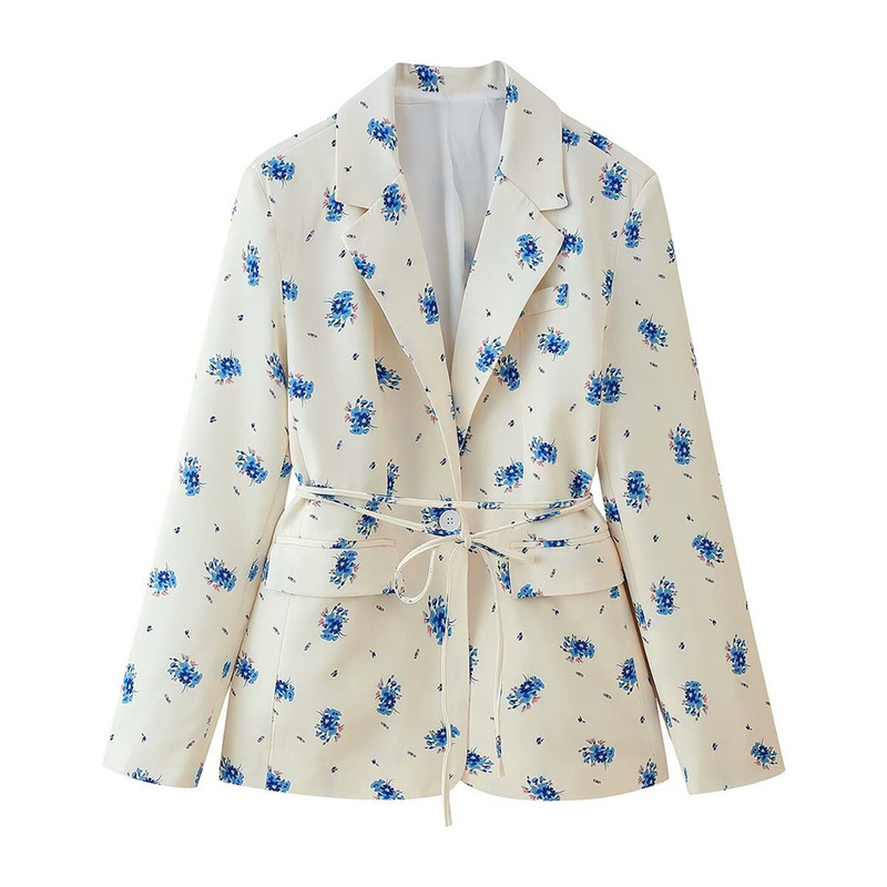 European and American Cross-Border Foreign Trade Spring and Autumn Women's Fashion Sweet Floral Suit Collar Tie Long-Sleeve Blazer Jacket