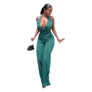In Stock European and American women's clothing 2024 Summer new halter backless high waist pocket casual jumpsuit women's trousers