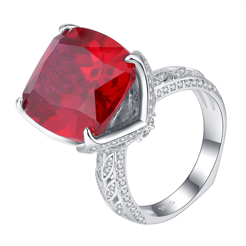 Zhuang Sheng joyería S925 plata simulación corindón rojo de la vendimia lujo con incrustaciones anillo cerrado mujer Piedra Principal 14*16