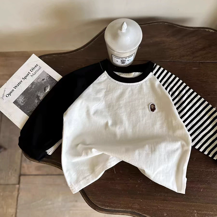 柠里 Children's autumn T-shirt, cartoon base body-friendly Japanese long-sleeve for boys, western style