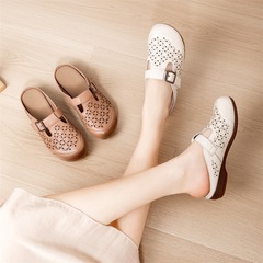 頭層牛皮夏季鏤空包頭女拖鞋平跟軟底中老年復古媽媽鞋真皮涼拖女