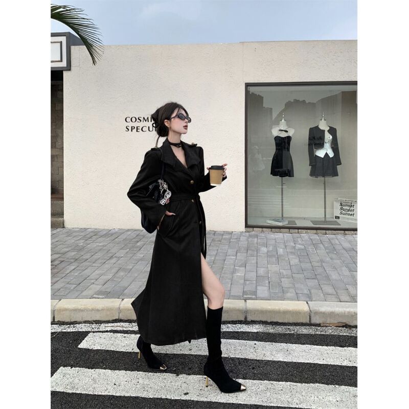 2025秋冬新款时尚高级感立领宽松长款皮衣系带宽松绑带风衣外套女|undefined