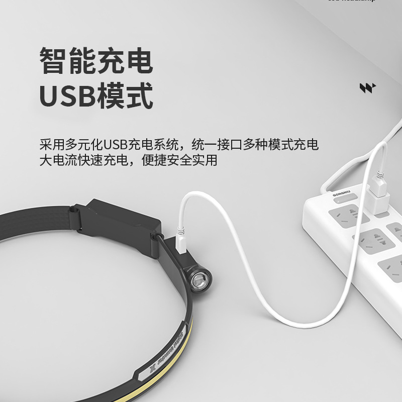 Carga USB transfronteriza a prueba de agua fuente de luz dual LED Faro de marcha lámpara de minero al aire libre inducción de pesca nocturna faro de luz fuerte