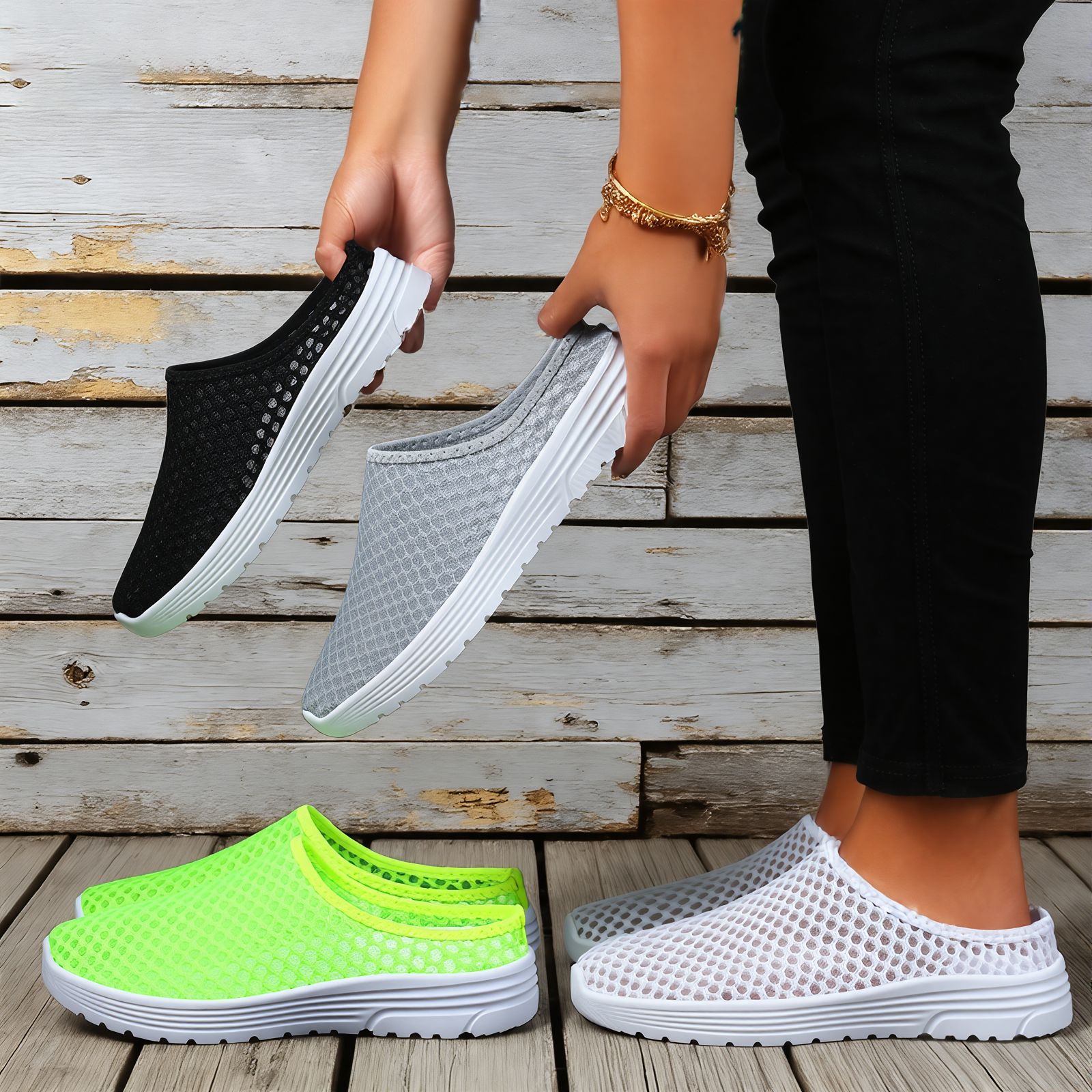 Zapatos de mujer, sandalias transpirables de talla grande con media correa y diseño hueco, zapatillas de malla sin cordones, calzado casual ligero y versátil para mujer image 5