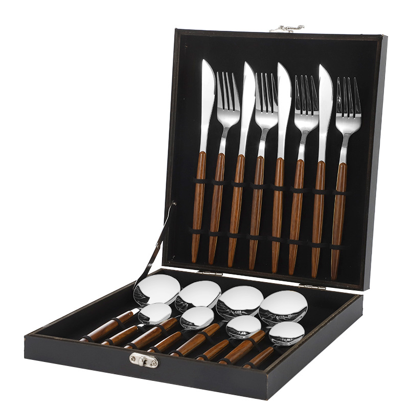 Mango de clip de grano de madera Cuchillo, tenedor y cuchara de acero inoxidable de estilo japonés Traje de vajilla occidental Cuchillo de carne de 16 piezas, tenedor y cuchara Juego de vajilla de 12 piezas
