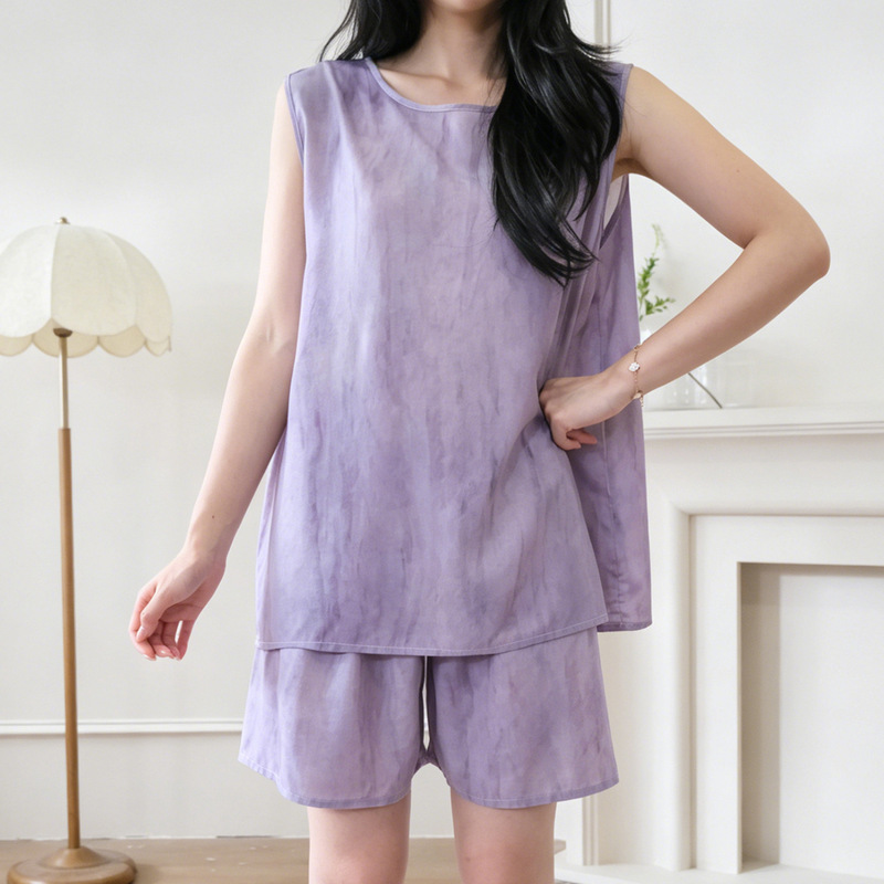 Minimalist Artistic Style Cotton Silk Vest-Style Pajamas for Women, Fashionable Purple Summer Loungewear Set, Suitable for Wearing Outside, Plus Size, Thin