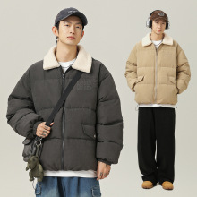 美式雪花纹工装毛领棉服冬季款仿羊羔绒翻领厚外套下摆可调棉衣q