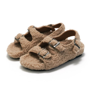 Ruizu 2025 New Autumn and Winter Plush Children's Cork Sandals Korean Boys' Wool Slippers Women's fleece-lined Neutral
