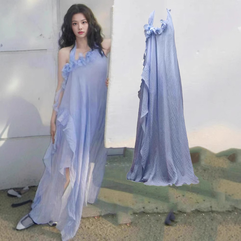 Spot Wang Churan's Same Style Holiday Style Flower Halterneck Dress for Women Summer Asymmetrical Textured Fairy Skirt