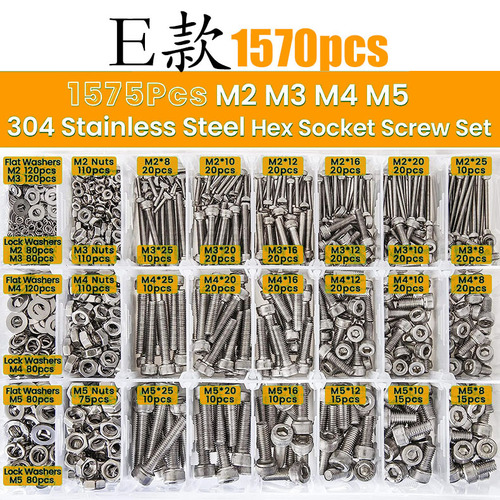 Cross-border screw kit with 890pcs/1290pcs 304 stainless steel round head hex screw set