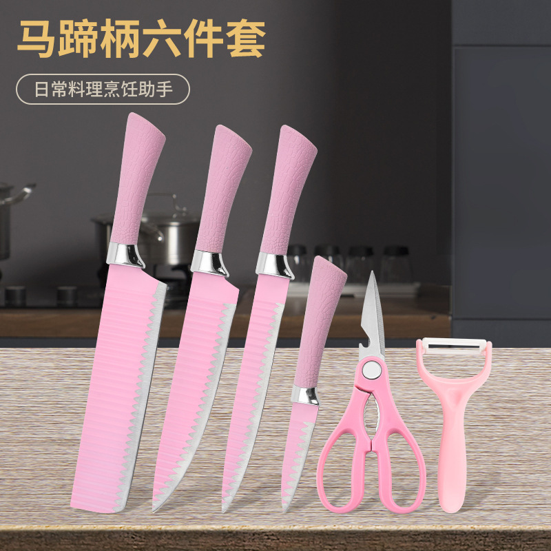 Fábrica transfronteriza mango de herradura Rosa patrón de onda cuchillo de seis piezas cuchillo de cocina de suministro directo cuchillo de pintura de acero inoxidable en stock al por mayor
