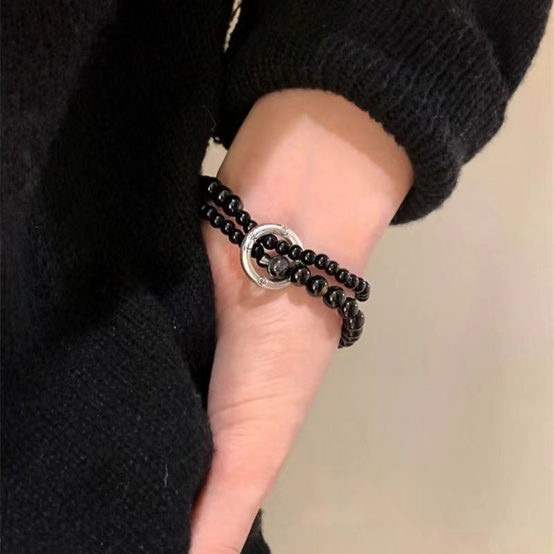 Solid 990 Sterling Silver Koi Fish-Shaped Safety Buckle Double-Circle Obsidian Black Agate Bracelet, Versatile and Non-Fading Solid 990 Sterling Silver Koi Fish-Shaped Safety Buckle Double-Circle Obsidian Black Agate Bracelet, Versatile and Non-Fading