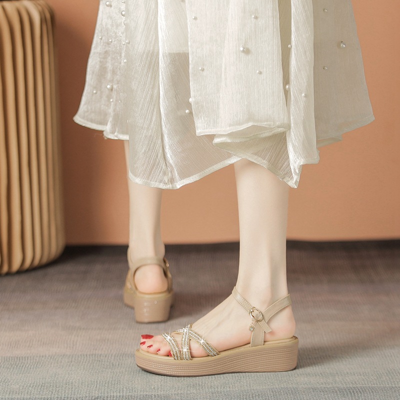 Sandal cao gót nữ đính đá phong cách La Mã, đế xuồng thoải mái — AY161 Trắng be