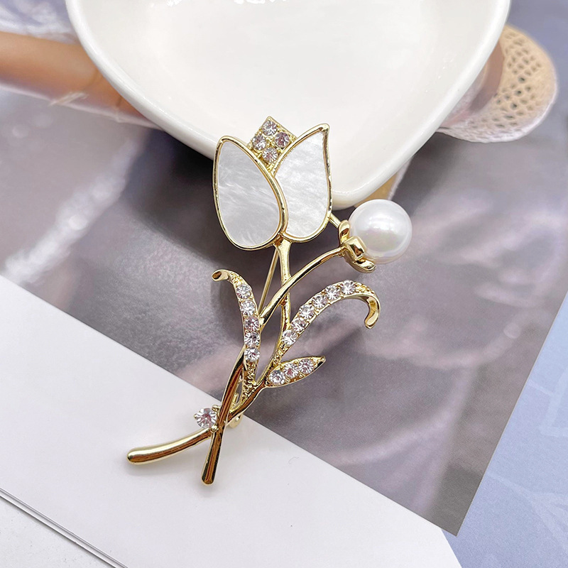 Tulpenblüten Perlenbrosche Für Herren, Elegante Kristallnadel_voghion.com