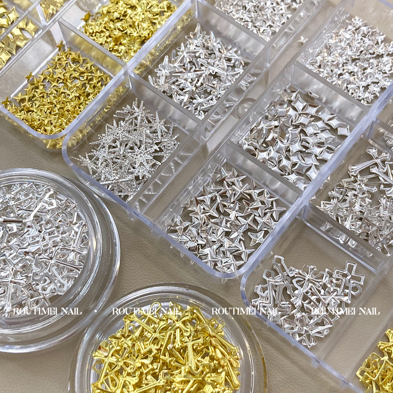 美甲新款星芒十字架混装材料盒6宫格朋克材料指甲饰品百搭高级款|undefined
