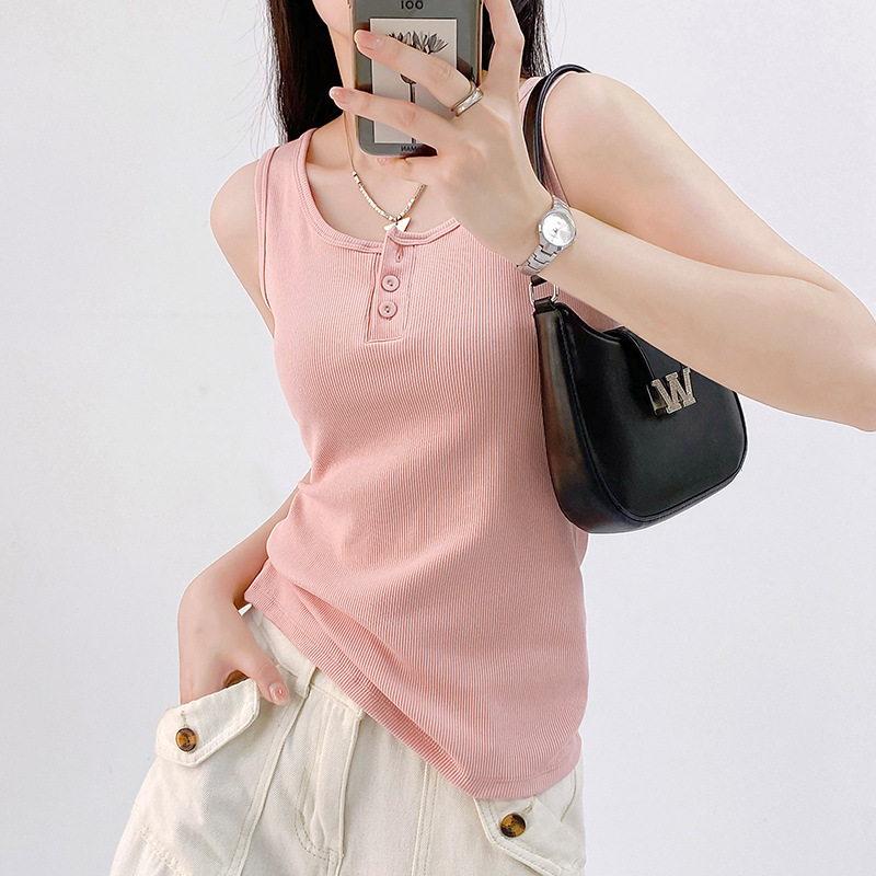 Designed Button Camisole Women's Inner Wear 2025 New Threaded Cotton Sexy Knitted White Top