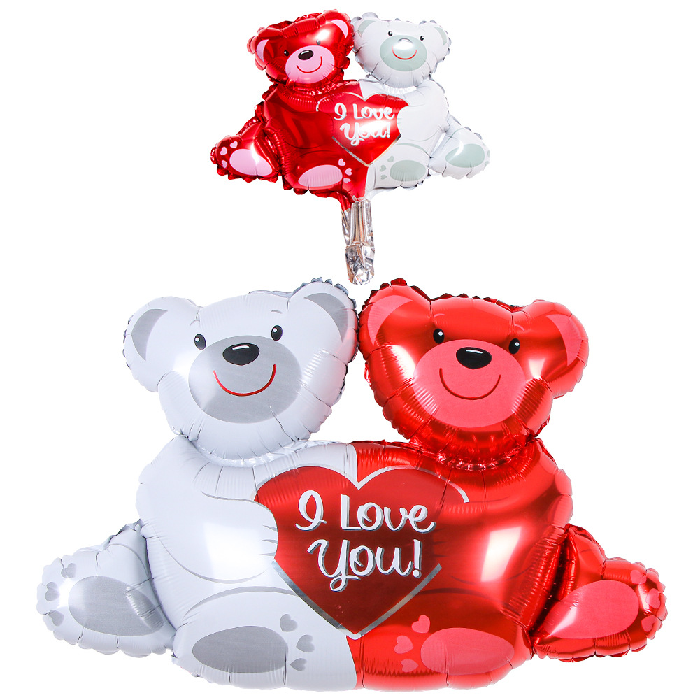 Oso doble con corazón globo de aluminio decoración globo al por mayor escena diseño boda partido mini globo de papel de aluminio doble oso