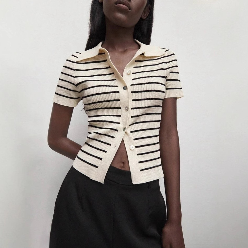 French Striped Short-Sleeved Stylike Knitted Cardigan Women's 2024 Autumn and Winter New Elegant Polo Collar Slim-Fit Slim Top