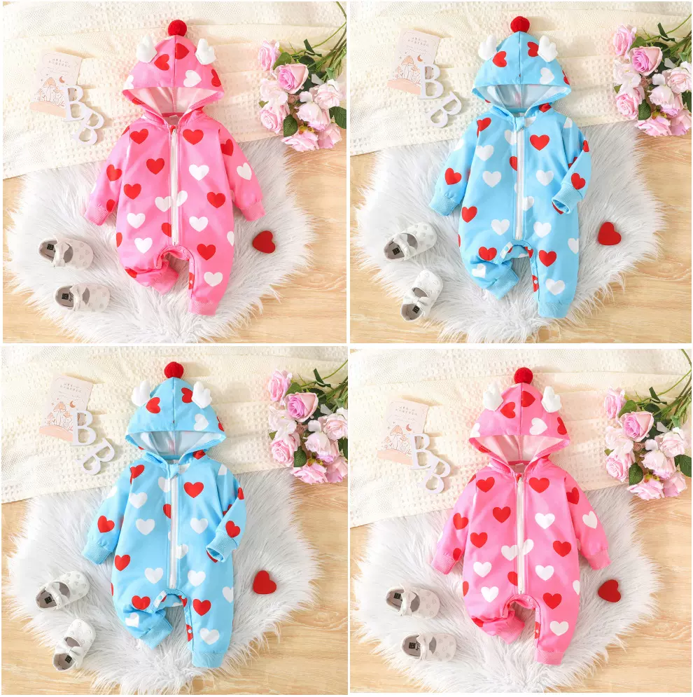 2025春秋季情人节新品婴幼童可爱翅膀装饰爱心图案连帽连体衣现货