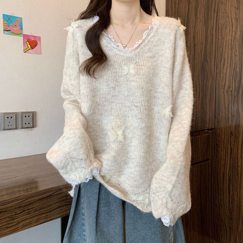 大码法式蕾丝针织衫女装秋冬时尚软糯毛衣打底衫V领宽松显瘦上衣|undefined