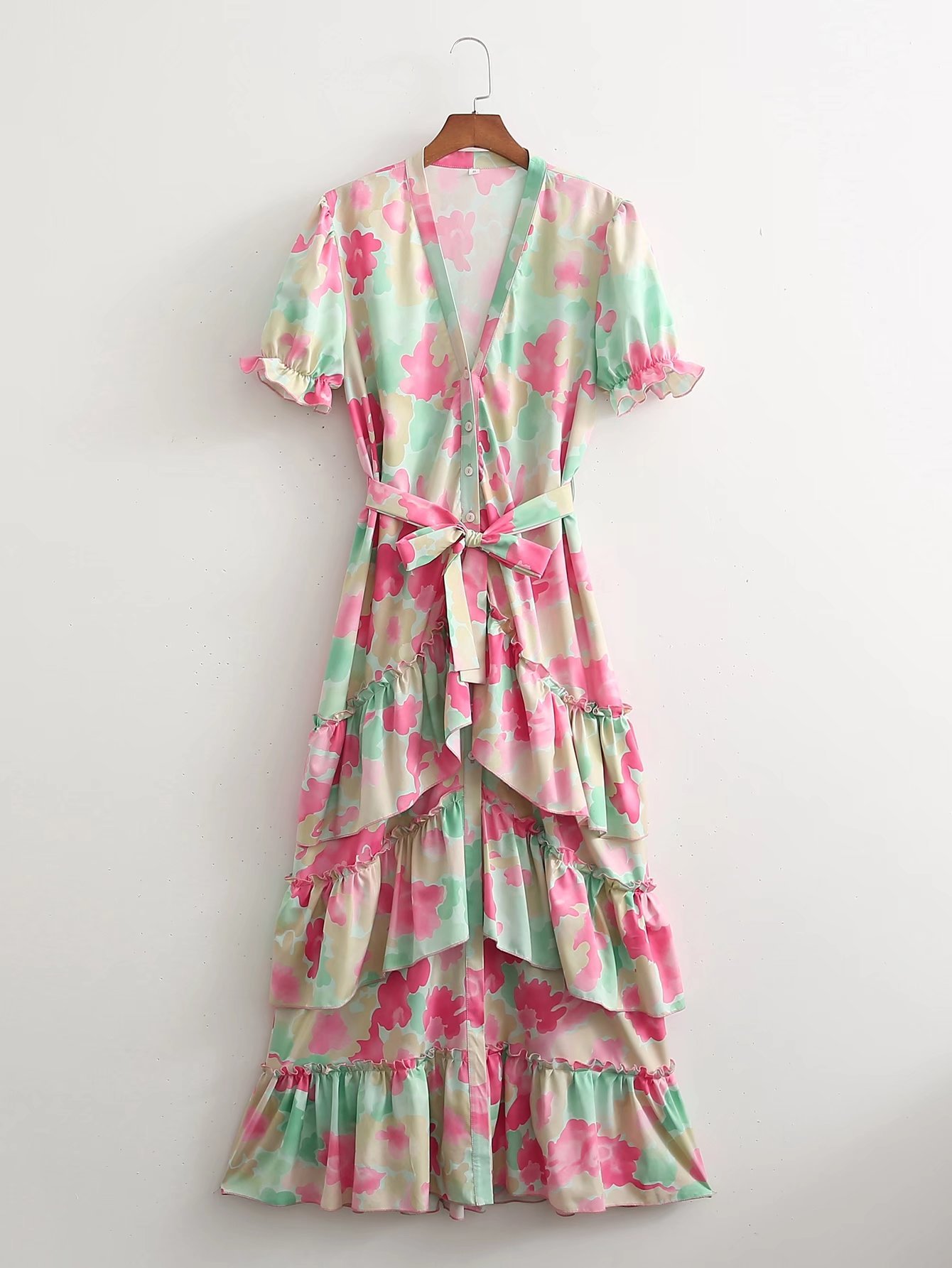 printed V-neck lace-up ruffled short sleeve long dress NSAM128747