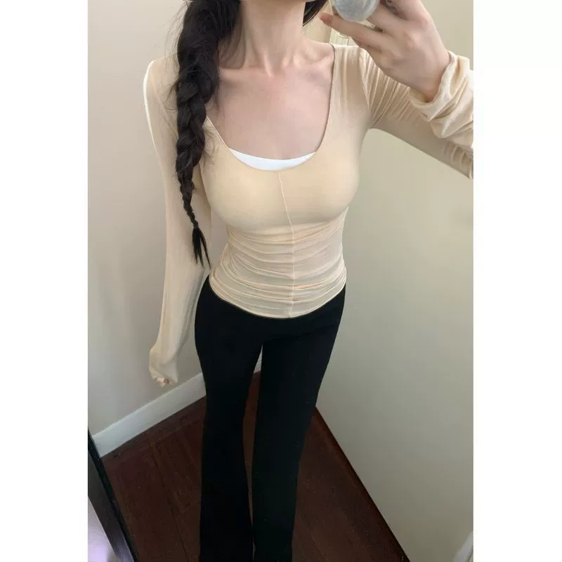 Женская легкая футболка с длинными рукавами и U-образным вырезом Pure Wish Style, летняя новая эластичная облегающая короткая облегающая футболка от солнца