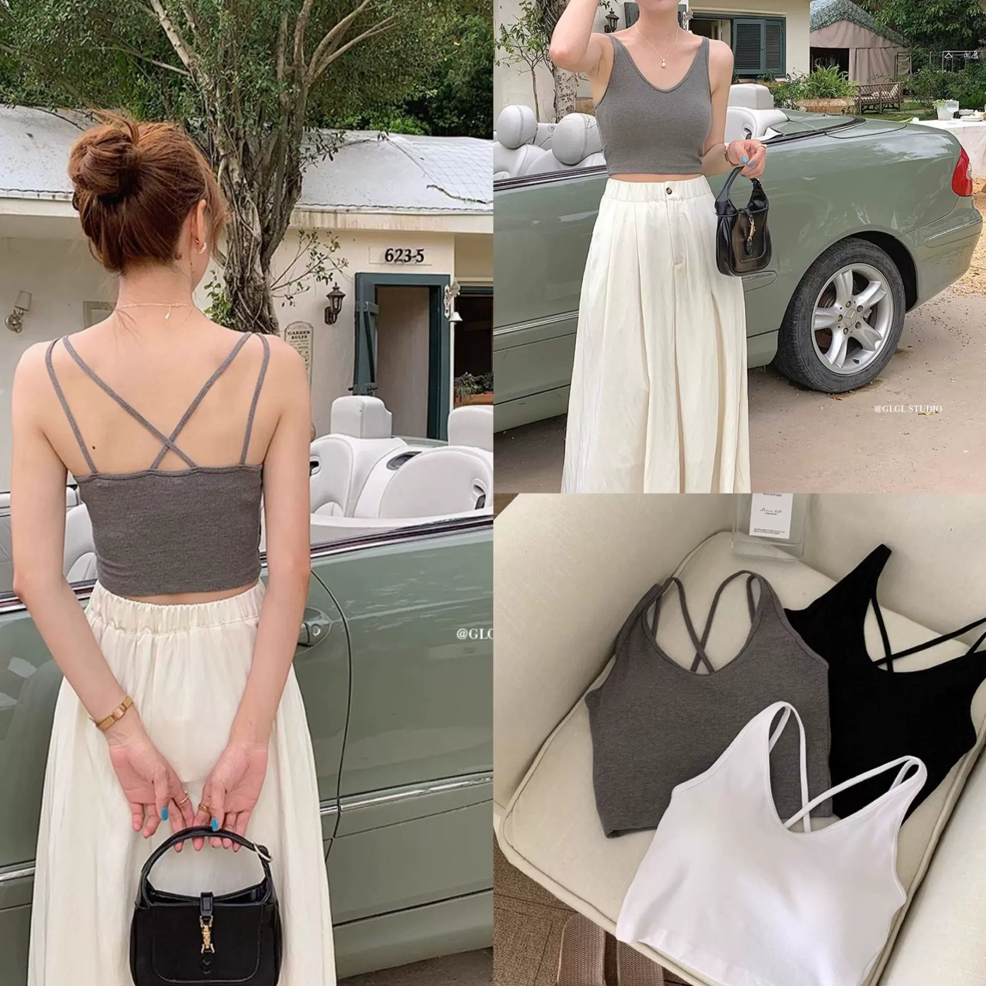 螺纹吊带背心女带胸垫夏季短款后背交叉美背辣妹风针织上衣3027