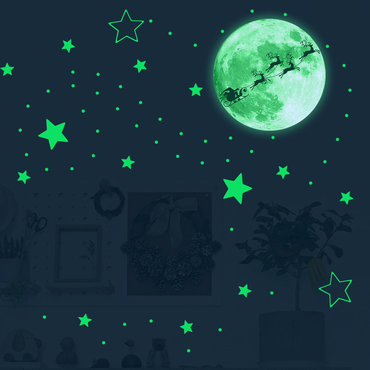 Leuchtender Weihnachtsmann Wandaufkleber Mit Mond Und Sternen_voghion.com