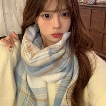 韩系2025新款秋冬季百搭围脖大披肩日本流苏奶蓝色jk格子围巾批发