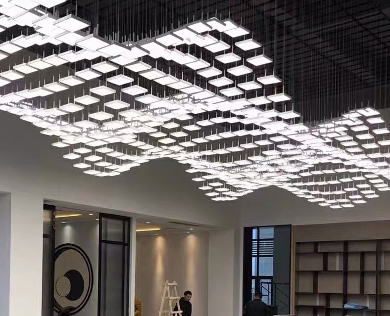 大堂宴会厅创意组合工程吊灯酒店售楼部波浪流水造型LED方块吊灯-阿里巴巴