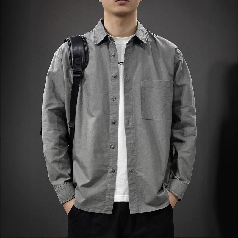 Simple Casual Retro 1 Long Sleeve Shirt Men's Spring New Loose Lapel Solid Color Shirt Work Coat Trendy