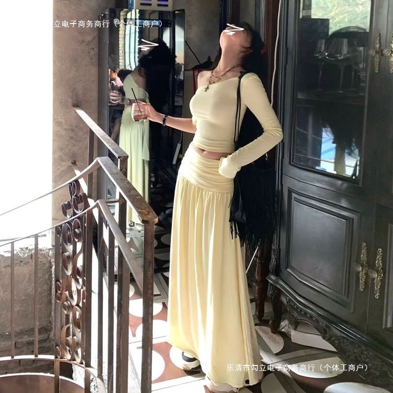 套装长袖韩系新款一整套斜肩辣妹连衣裙上衣半身裙长裙两件套纯欲|undefined