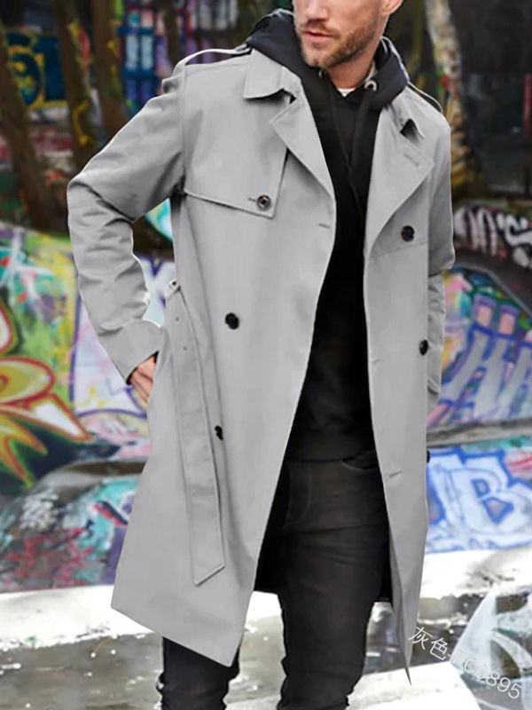 2023 Men's New Cross-Border Solid Color European and American Long Sleeve Windbreaker Men's Lapel Slim Double-Breasted Casual Jacket