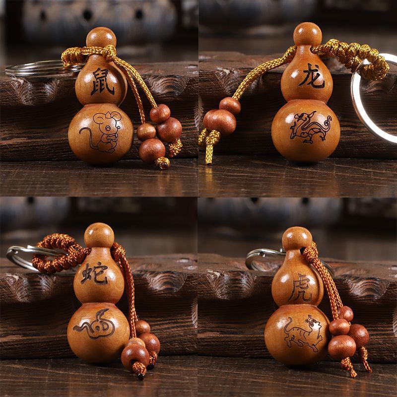 Twelve Zodiac Car Wood Carving Peach Wood Keychain Jewelry Sword Knife Guanyin Buddha Retro Literary Keychain Small Pendant