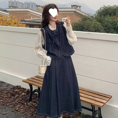 韩系牛仔套装裙女春秋2025新款小个子学院风马甲半身裙两件套韩系