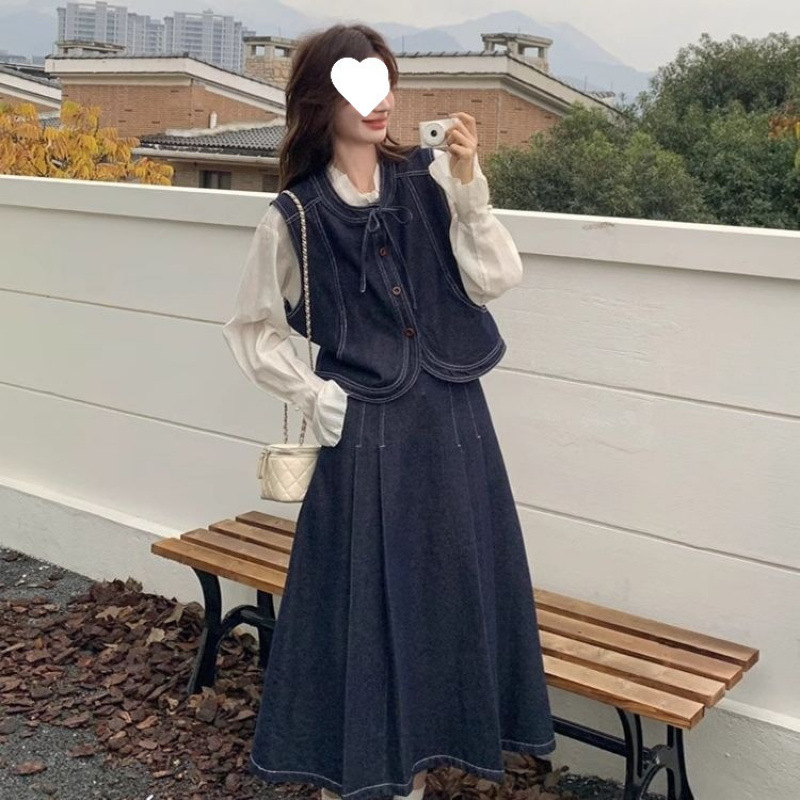韩系牛仔套装裙女春秋2025新款小个子学院风马甲半身裙两件套韩系|undefined