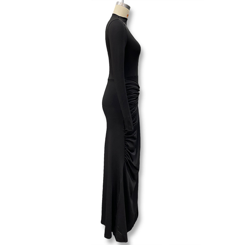 Women's Solid Color round Neck Dress Long Sleeve Fashionable Temperament European American Style Autumn New Clothing with Decorative Ring Buckle_ecoleips.com