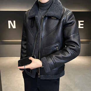 Tiktok popular fur coat men's winter New lamb fur lapel leather coat men's motorcycle thickened jacket