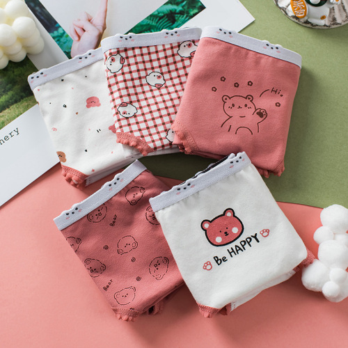  New Bear Printed Women's Underwear Pure Cotton Korean Printed Underwear Women's Mid-Waist Student Cute Girl Three