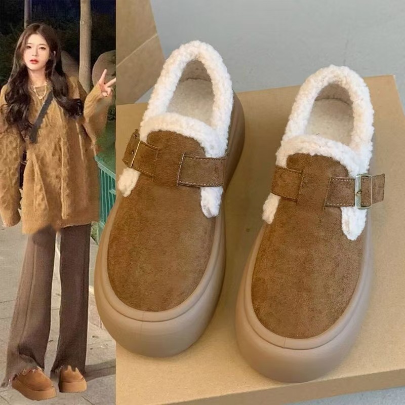 厚底博肯鞋女2024秋冬新款加绒保暖全包雪地棉鞋一脚蹬乐福毛毛鞋